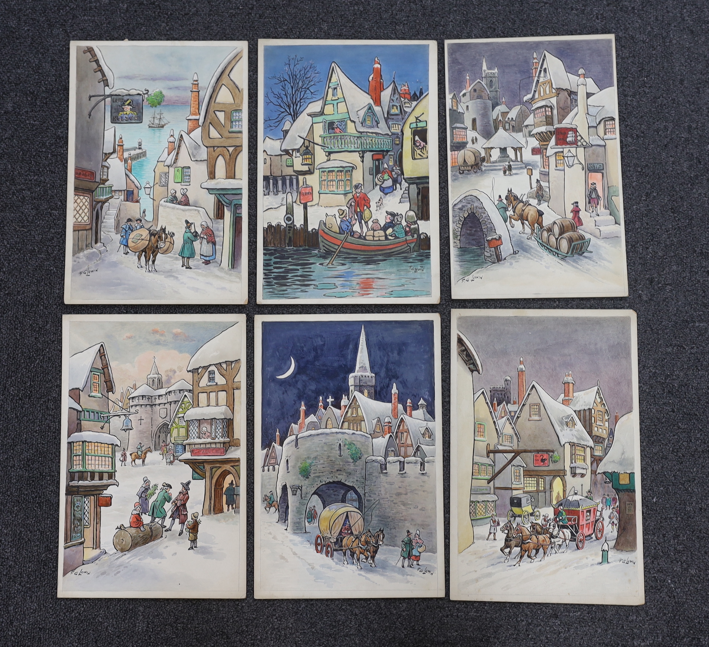 Frederick George Lewin (1861 - 1933) set of six watercolours, Regency style Christmas card scenes, signed, 20 x 19cm, unframed